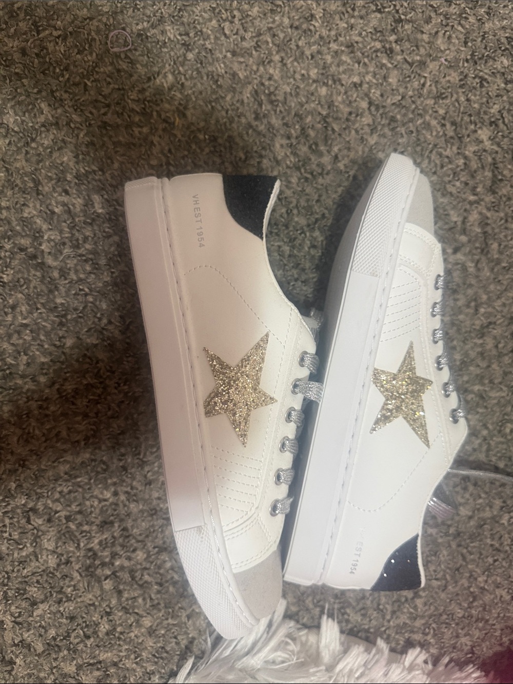 Vintage White Sneakers with Gold Glitter Star Accent